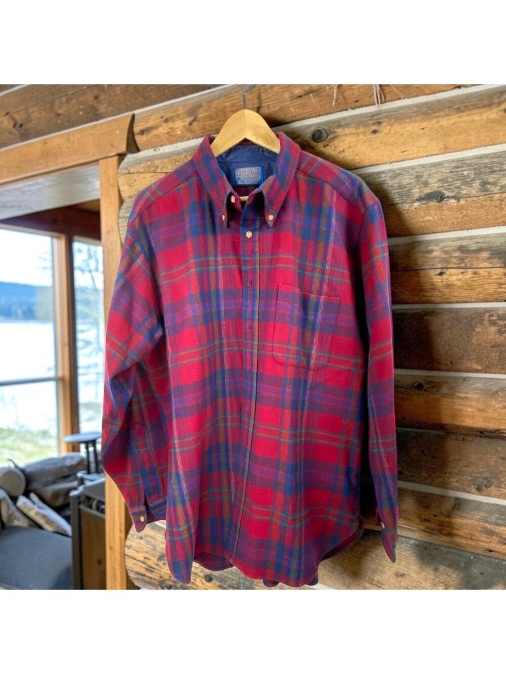 Vintage Pendleton Wool Shirt Mens XL Red Blue Plaid 100% Virgin Wool USA Made